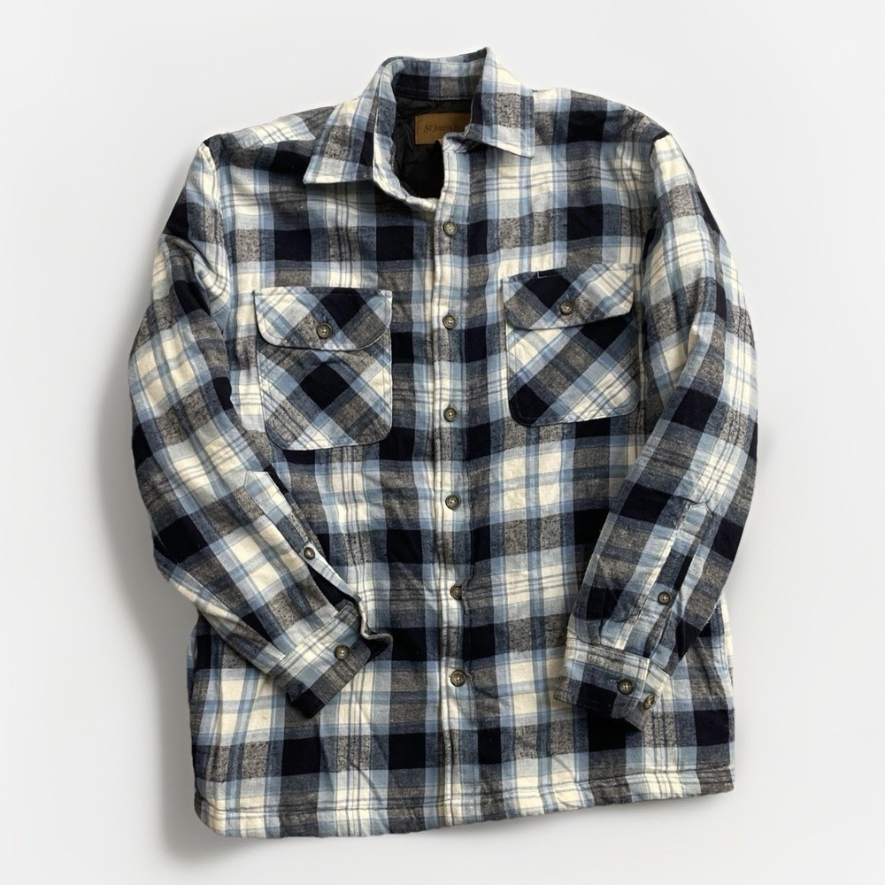 St John's Bay Plaid Flannel Shacket Men Blue Plaid Trucker Quilted Jacket Medium